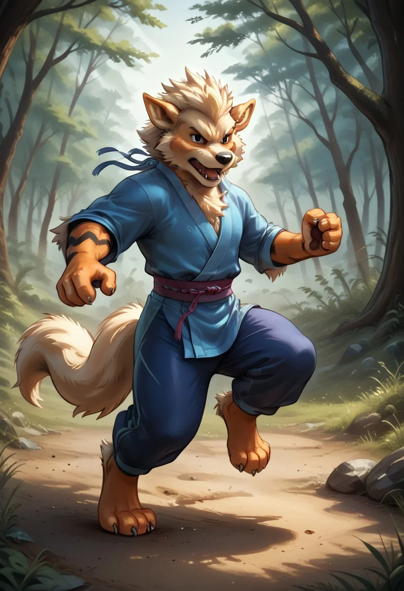 (((Barefoot furry character, full body, cinematic setting, furry male, plantigrade)))
(((Arcanine))), ((blue kimono and pants, training kung-fu on training ground in the forest, fighting stance, dynamic pose, perform side kick)), (((nice feet paws, three toes, claws, pawpad)))
BREAK, intricate details, highly detailed, extreme detail, octane render, fine art, best quality, highres, (detailed face:1.5), ((full_body)), UHD, (((perfect hands))), low light