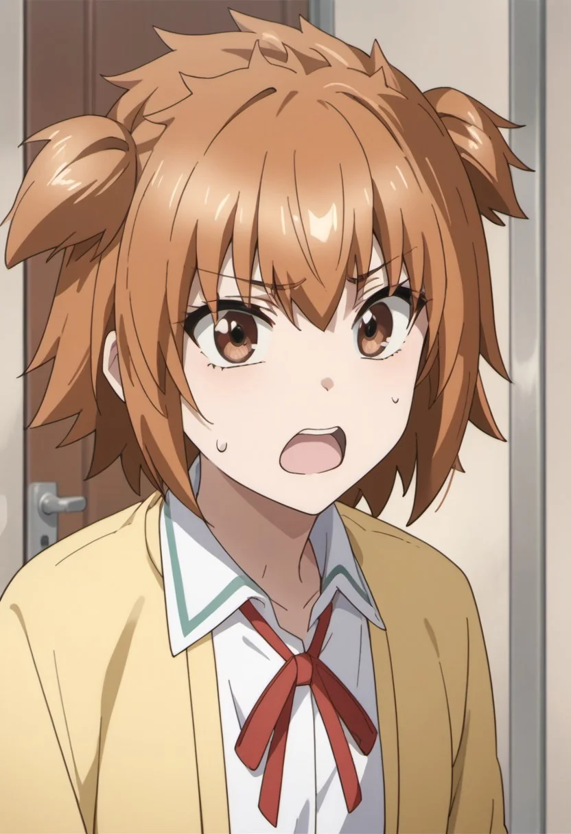 score_9, score_8_up, score_7_up, source_anime, kazama noe, brown hair, brown eyes, two side up, short hair, 1girl, solo, school uniform, open mouth, ribbon, red ribbon, door, neck ribbon, sweatdrop