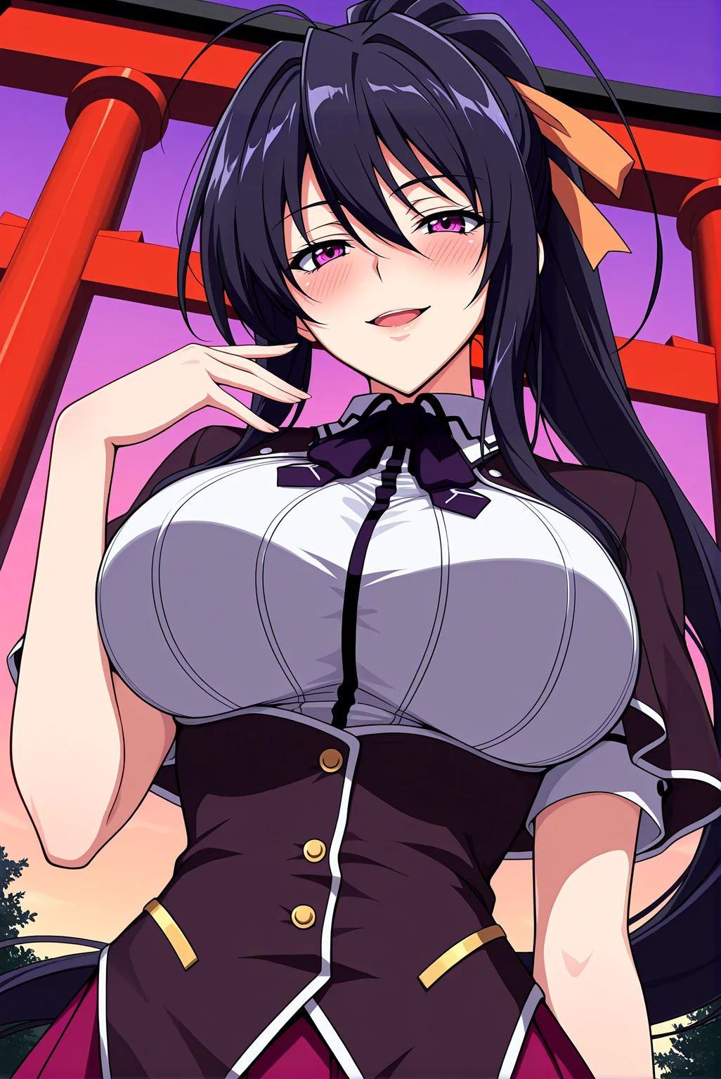 masterpiece, best_quality, high_details, 1girl, solo,
<lora:P-IL-Akeno:1>, 4k3n0, black hair, orage hair ribbon, purple eyes, ponytail, very long hair, hair between eyes, bangs, ahoge,
kuoh academy school uniform, underbust, skirt, short sleeves, school uniform, shirt, corset,
large breasts, sensual expression, sadistic gaze, playful smile, blush on cheeks, intense, confident demeanorm evil smile, jojo pose, open mouth, low angle, 
dimly lit shrine, mystical atmosphere, sacred torii gate, evening sky, ethereal glow