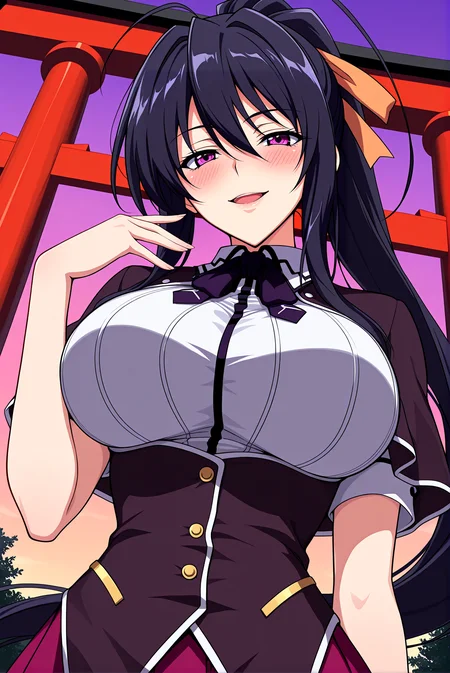 masterpiece, best_quality, high_details, 1girl, solo,
<lora:P-IL-Akeno:1>, 4k3n0, black hair, orage hair ribbon, purple eyes, ponytail, very long hair, hair between eyes, bangs, ahoge,
kuoh academy school uniform, underbust, skirt, short sleeves, school uniform, shirt, corset,
large breasts, sensual expression, sadistic gaze, playful smile, blush on cheeks, intense, confident demeanorm evil smile, jojo pose, open mouth, low angle,
dimly lit shrine, mystical atmosphere, sacred torii gate, evening sky, ethereal glow