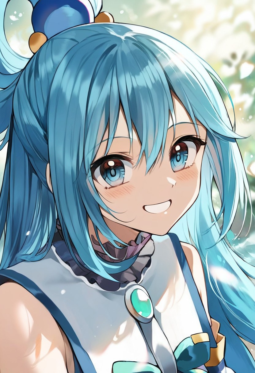 score_9, score_8_up, score_7_up, source_anime, hi res, masterpiece, best quality, highres, rkanime_ps, aqua /(konosuba)/, close up, upper body, smile, looking at viewer