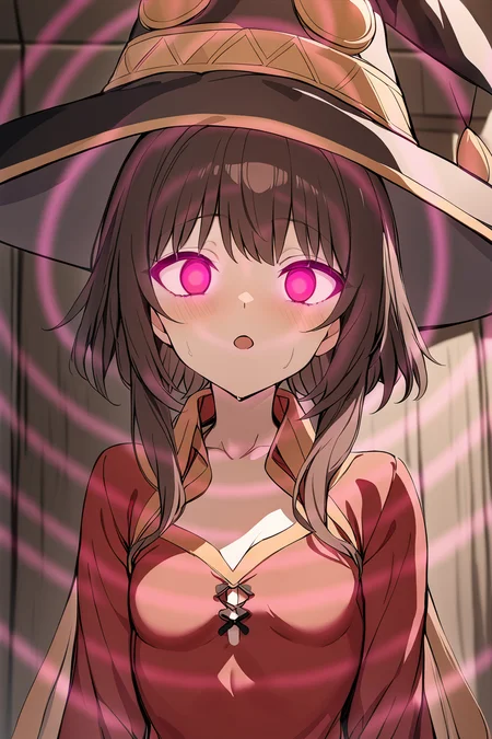 masterpiece, best quality, 1girl,   <lora:Megumin_V2_XL:1> meguminn, brown hair, short hair with long locks, red dress, wizard hat, <lora:hypno_wave_sdxl:1> hypno wave, glowing eyes, small breasts, looking at viewer, upper body, red robe, mantle