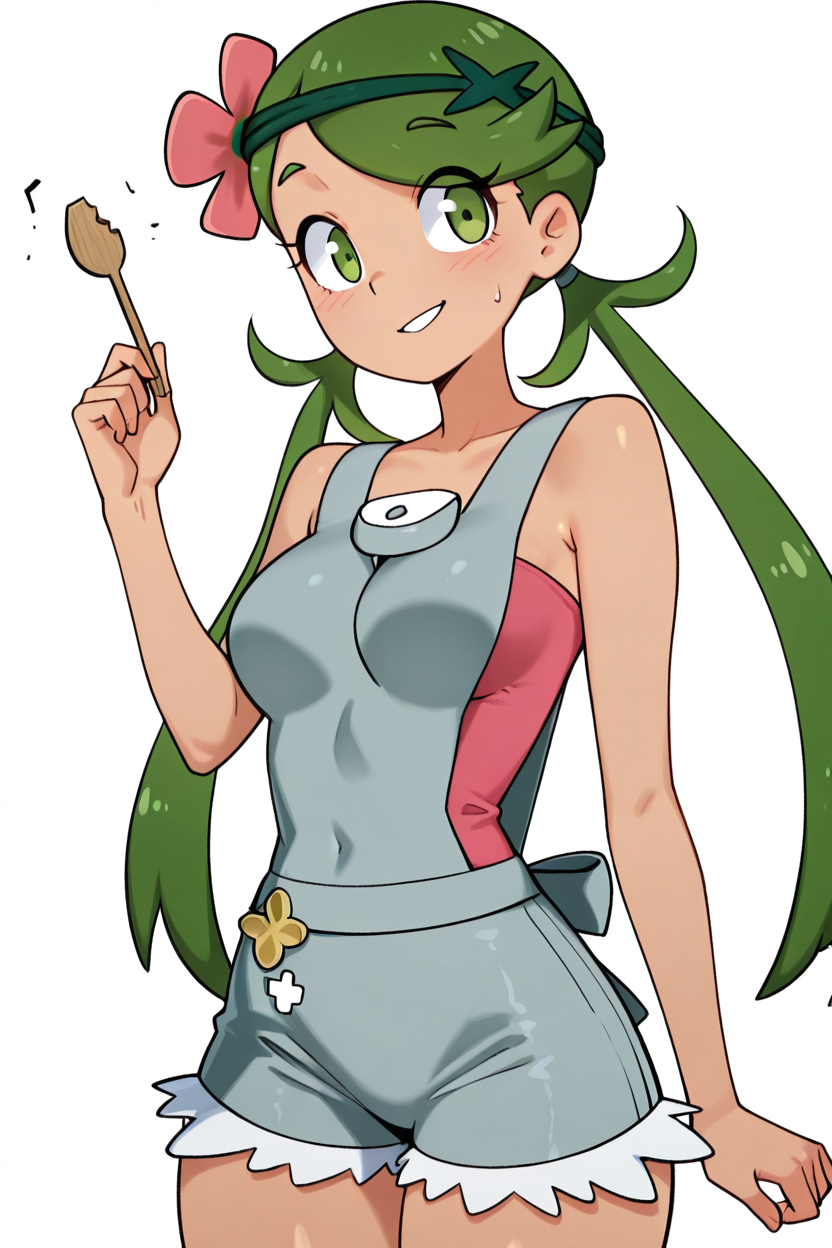 masterpiece, best quality, medium breasts, (curvy),  ,,, BREAK, zzMallow, green hair, green eyes, hair flower, hair ornament, grey overalls, pink shirt, sleeveless, grey shorts, <lora:MallowPokemonIXL_e09:1.0>,BREAK,  smile, looking at viewer, cowboy shot,    ,<lora:TobiaswhellerIXL:1.0>,