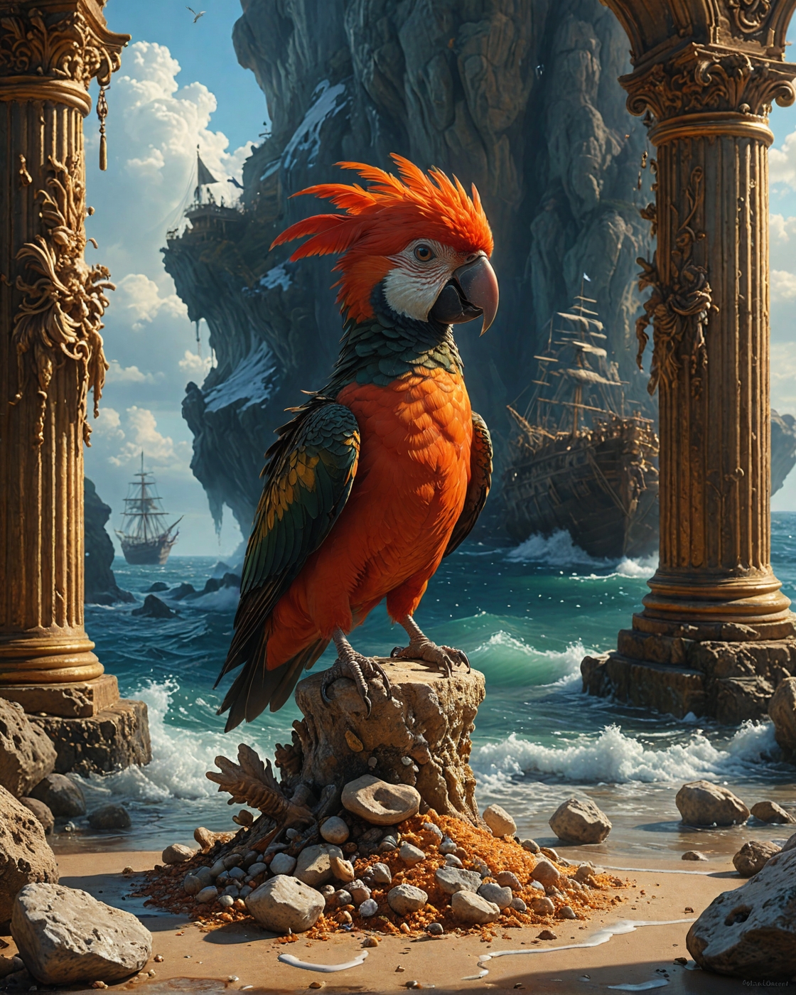 pirate captainshoulder parrot,Frederic Edwin Church (iceberg majesty), Salt-crusted coastal salt pans, tide line of pumice stones. salvaged propeller monument, sand mason tube worm,
<lora:tbh124-sdxl:0.15> style of Jean-Antoine Watteau,
<lora:tbh129-sdxl:0.15> style of Michael Cheval,
<lora:Sinozick:0.15>,
<lora:add-detail-xl:0.7>,
<lora:aidmaMJ6.1_v0.5_2:0.3> aidmamj6.1,
<lora:Flux-XL_Scenery:0.15> flux-scenery,
<lora:Flux-style-xl-lora:0.15> flux-style,
8K resolution, ultra-detailed cinematic composition, contemporary concept art style, volumetric magical atmosphere with ethereal glow, rich complementary color palette, vivid gradients and chiaroscuro contrast, dynamic perspective with layered depth of field, inspiring awe-inspiring mood, Unreal Engine 5 render quality, intricate textures, flawless anatomy, rule of thirds composition, luminous highlights, surreal ambiance, award-winning illustration, harmonious balance of light and shadow, photorealistic details, ArtStation trending, chromatic accents, nostalgic futurism, dreamlike serenity, bold creativity, professional finish, sharp focus, ambient background, fascinating dynamic motion,, Baroque art style, dynamic composition, dramatic lighting, rich colors, intricate details, professional-grade execution, captures the grandeur and theatricality of the Baroque period