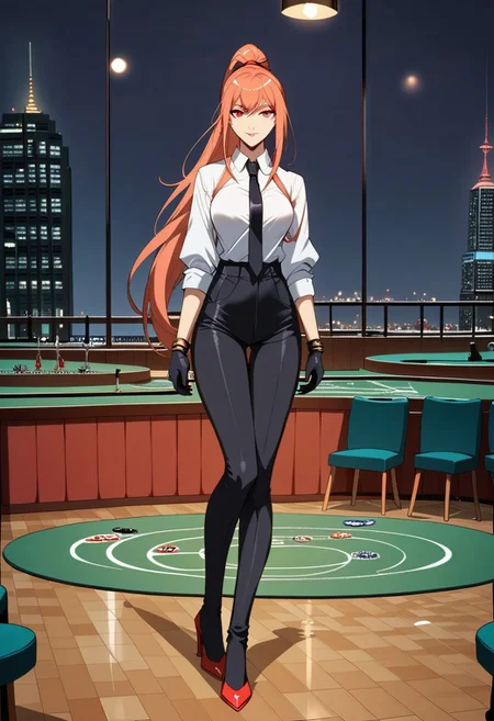 score_9, score_8_up, score_7_up, 1girl, night, indoor, in a casinò, full body, dynamic shot, from high, long legs standing behing a poker table, green table, solo, dynamic pose, Feng Ling, orange hair, red eyes, medium breast, long hair, ponytail, black pants, white shirt, long sleves shirt, black gilet, black neck tie, red heels, gold slim bracelets, black gloves, looking at the viewer, long legs, nice legs, white hips ultra detailed, masterpiece, close up, upper body<lora:add-detail-xl:1>, <lora:StS_PonyXL_Detail_Slider_v1.4_iteration_3:4>