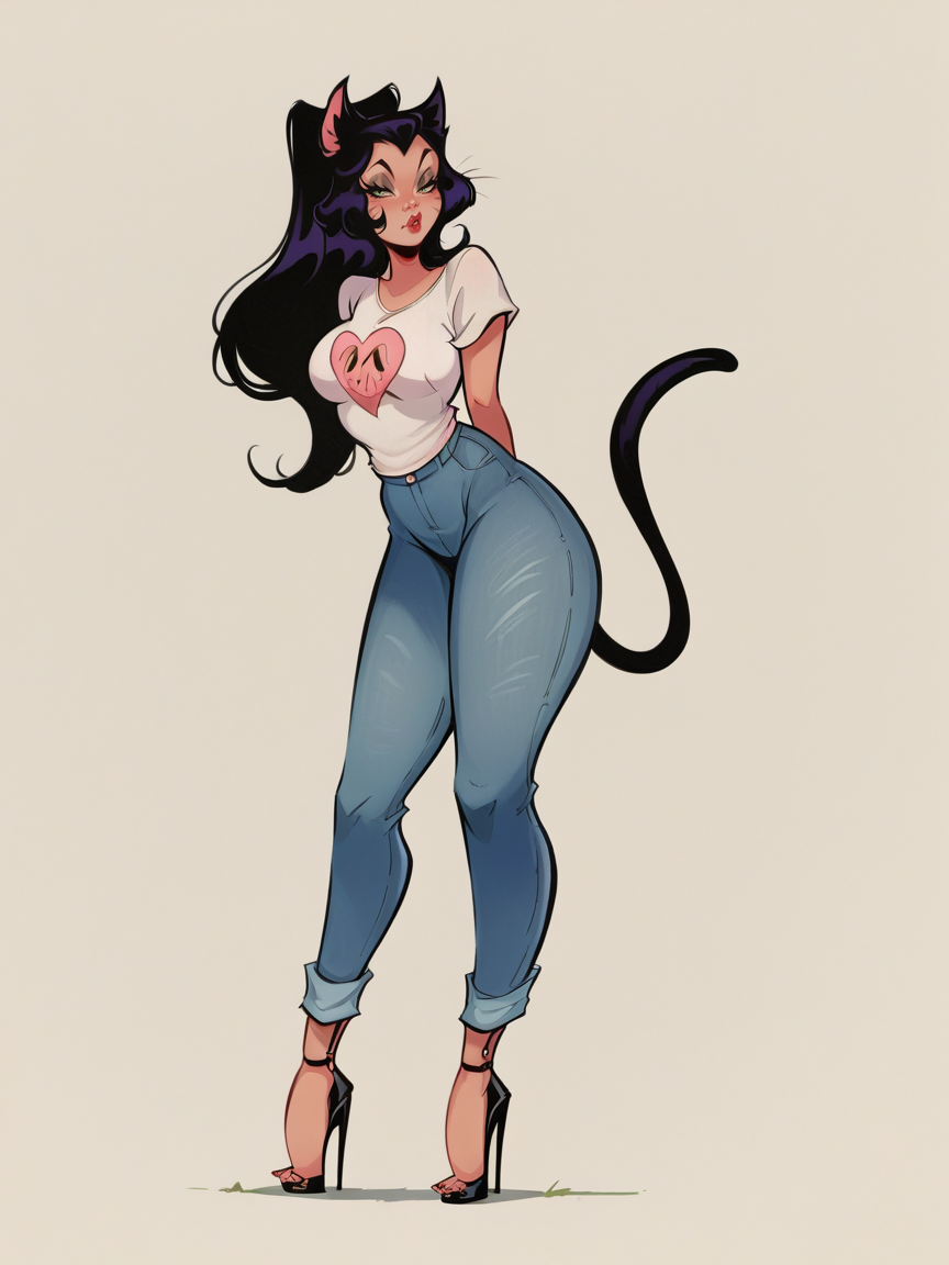 score_9, score_8_up, score_7_up, score_6_up, score_5_up,  <lora:dunnXLP:1> dunn, catgirl, high heels, jeans, t-shirt