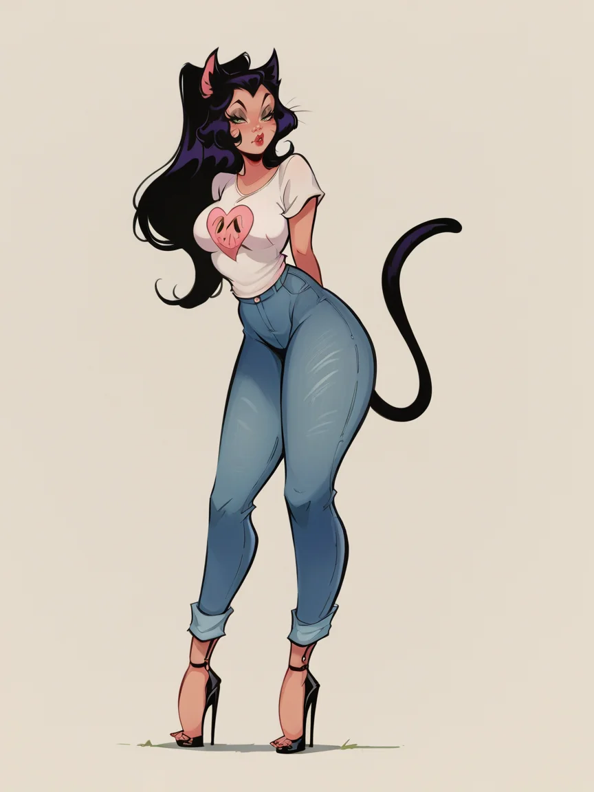 score_9, score_8_up, score_7_up, score_6_up, score_5_up, <lora:dunnXLP:1> dunn, catgirl, high heels, jeans, t-shirt