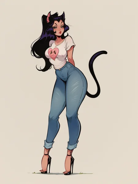 score_9, score_8_up, score_7_up, score_6_up, score_5_up, <lora:dunnXLP:1> dunn, catgirl, high heels, jeans, t-shirt