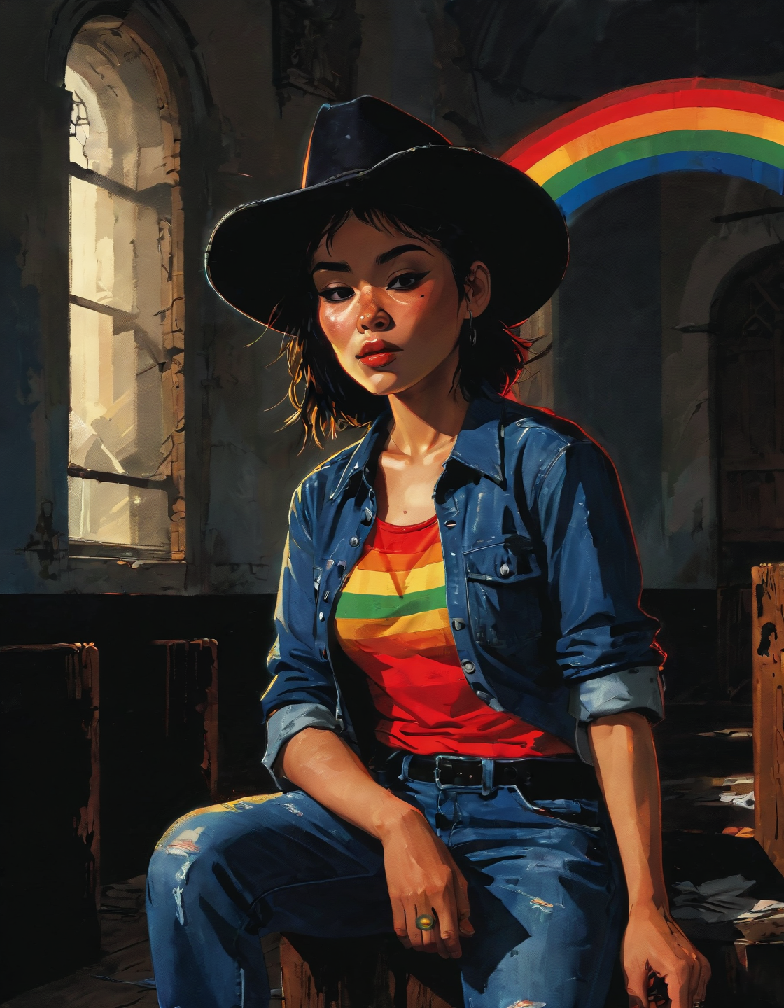 hyperrealistic birds eye view dark and gritty impactful paint of a mesomorphic pacific islander shocked female prisoner wearing a cowboy hat and h&m clothes  sitting in silence in a historic church, short denim hair, outside in Honduras at dawn pre-winter, inspired by futuristic anime, (rainbow prism effect:1.6)<lora:The_Pulp_Session:0.90>