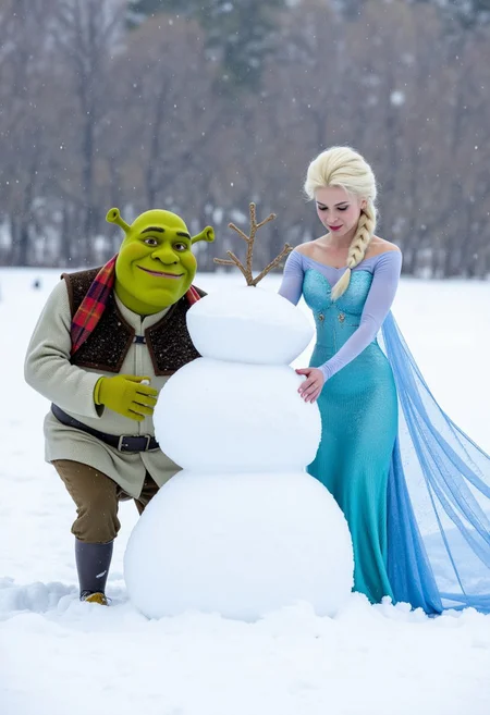Elsa from Frozen and Shrek building a snowman together in a snowy field. Elsa is using her ice powers to elegantly form the snowman, while Shrek, bundled in a scarf and gloves, is awkwardly trying to stack lopsided snowballs. Snowflakes are gently falling, and the scene is filled with winter charm.
busty breasts