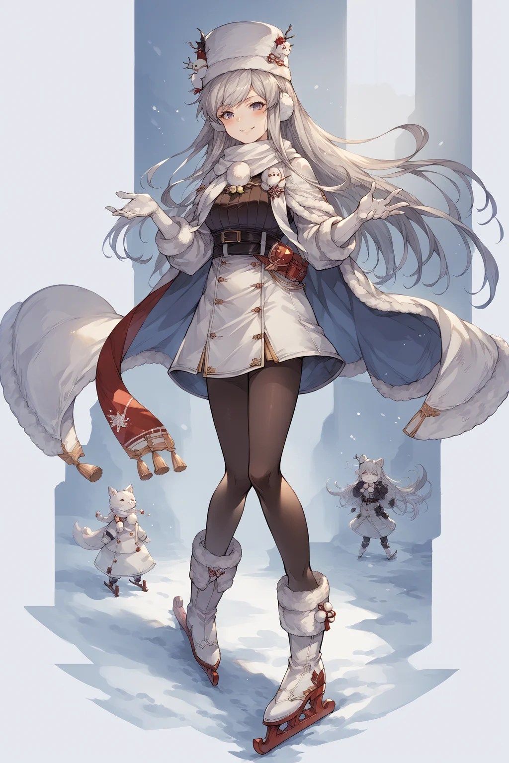 score_9, score_8_up, score_7_up, , rating_general,1girl ,epwt, grey hair, ushanka, earmuffs, white scarf, winter coat, black ribbed sweater, white high-waist skirt, white gloves, black belt, black pantyhose, white fur boots, red ice skates, dynamic angle , source_anime,  cowboy shot, smile, <lora:EnterprisePDCAMEcomplete AL:1>, full portrait, volumetric, facing viewer, <lora:GBFSplashArtXLPDv2:1> , gbsa, splash art