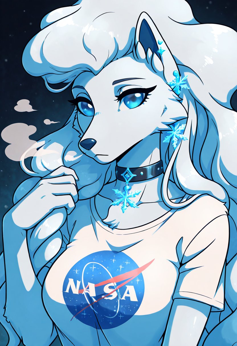 masterpiece, best quality,    zzNinetalesA, 1girl, solo, shoulder-length hair, side-swept bangs, white t-shirt, snowflake-shaped earrings, fur-lined hood draped over shoulders, layered choker, glacial mist backdrop, close-up portrait. Framed against a swirl of shimmering glacial mist, she gazes forward with calm intensity, her breath visible in the cold air. Stray locks of her silver-tinged hair curl around a fur-lined hood resting on her shoulders. The plain white t-shirt peeks out beneath delicate chokers and frost-kissed accessories, a quiet contrast to the ethereal atmosphere.  N4S4,   ,<lora:NASAShirtAnime_IXL_v1:1.0>,   <lora:NinetalesAlolanPokedex_IXL_v1:0.8>,