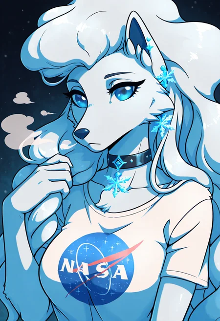 masterpiece, best quality, zzNinetalesA, 1girl, solo, shoulder-length hair, side-swept bangs, white t-shirt, snowflake-shaped earrings, fur-lined hood draped over shoulders, layered choker, glacial mist backdrop, close-up portrait. Framed against a swirl of shimmering glacial mist, she gazes forward with calm intensity, her breath visible in the cold air. Stray locks of her silver-tinged hair curl around a fur-lined hood resting on her shoulders. The plain white t-shirt peeks out beneath delicate chokers and frost-kissed accessories, a quiet contrast to the ethereal atmosphere. N4S4, ,<lora:NASAShirtAnime_IXL_v1:1.0>, <lora:NinetalesAlolanPokedex_IXL_v1:0.8>,