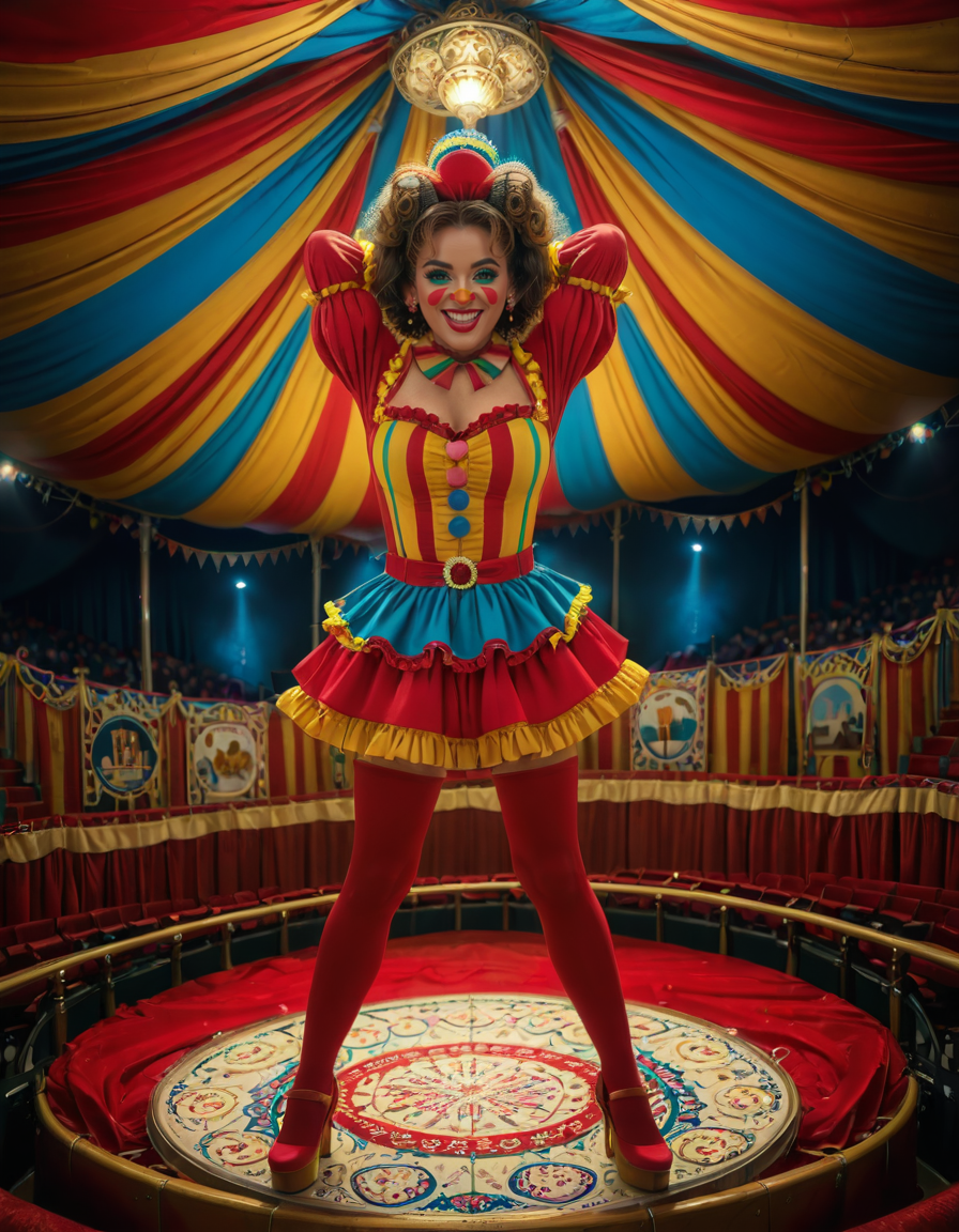 focus on woman face,rating_safe,A vibrant and colorful scene inside a grand circus tent,grand c1rcus, featuring a woman dressed as a whimsical clown. She is wearing an elaborate costume with a mix of bold patternsâred and white stripes, polka dots, and bright yellow accents. Her hair is styled in playful, oversized curls, dyed in shades of blue and pink. She is standing center stage, under a spotlight that casts a warm glow, making her sequined outfit sparkle. Her pose is dynamic and engaging, as if she is about to perform a trick or joke, with a wide, inviting smile. The background showcases the lively atmosphere of the circus, with colorful banners, a large audience in shadowy rows, and hints of other performers or props like juggling pins or unicycles. The overall lighting is bright and cheerful, emphasizing the magical, festive mood of the circus.<lora:SDXLFaeTastic2400:0.4> <lora:extremely_detailed:0.4> extremely detailed, <lora:grand_c1rcus:1>, Masterpiece,best quality,hi res,8k,hi res,8k,award winning,(sharp focus, intricate, highly detailed),