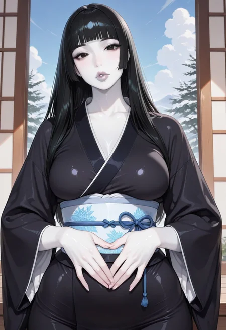 Mature woman, MILF, 1girl, sky, black hair, long hair, hime cut, masterpiece, black eyes, colored skin, (white skin:1.3), glossy skin, Yuki-Onna, luscious lips, pale lips, glossy lips, parted lips, looking at viewer, black kimono, wide sleeves, obi, japanese clothes, medium breasts, wide hips, outdoors, hands held together on stomach, cloud, volumetric lighting, blue sky, portrait, upper body,