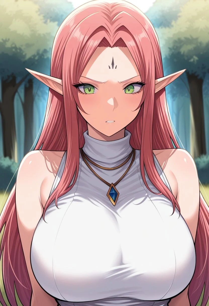 masterpiece,best quality,amazing quality,
monica_(kichiku_eiyuu), 1girl, solo, long hair, pointy ears, facial mark, forehead mark, bangs, large breasts, elf, necklace, turtleneck, sleeveless, bare shoulders,