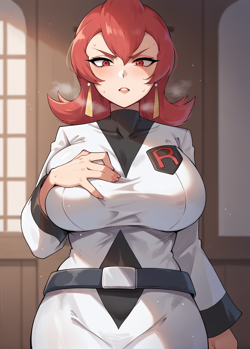 score_9, score_8_up, score_7_up, source_anime, masterpiece, 1girl, solo, ct_ar1ana, earrings, large breasts, white dress, black turtleneck, belt, logo, long sleeves, looking at viewer, indoors, depth of field, shiny skin, facing viewer, sweat, smell, hand on chest,  <lora:Ariana_pokemon_pony_ct:0.9>
