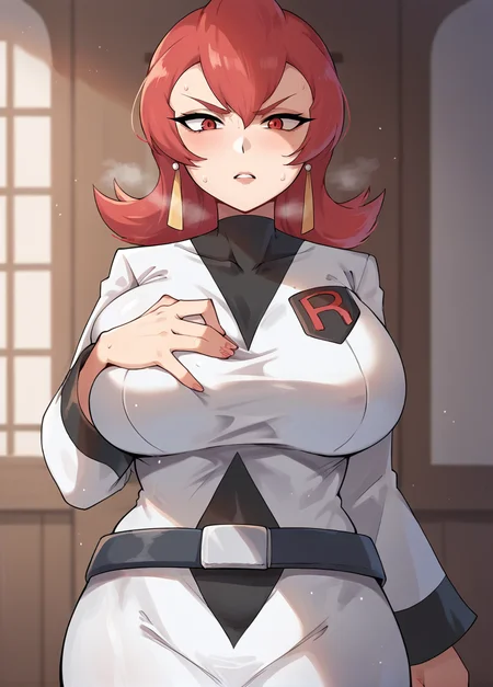 score_9, score_8_up, score_7_up, source_anime, masterpiece, 1girl, solo, ct_ar1ana, earrings, large breasts, white dress, black turtleneck, belt, logo, long sleeves, looking at viewer, indoors, depth of field, shiny skin, facing viewer, sweat, smell, hand on chest,  <lora:Ariana_pokemon_pony_ct:0.9>