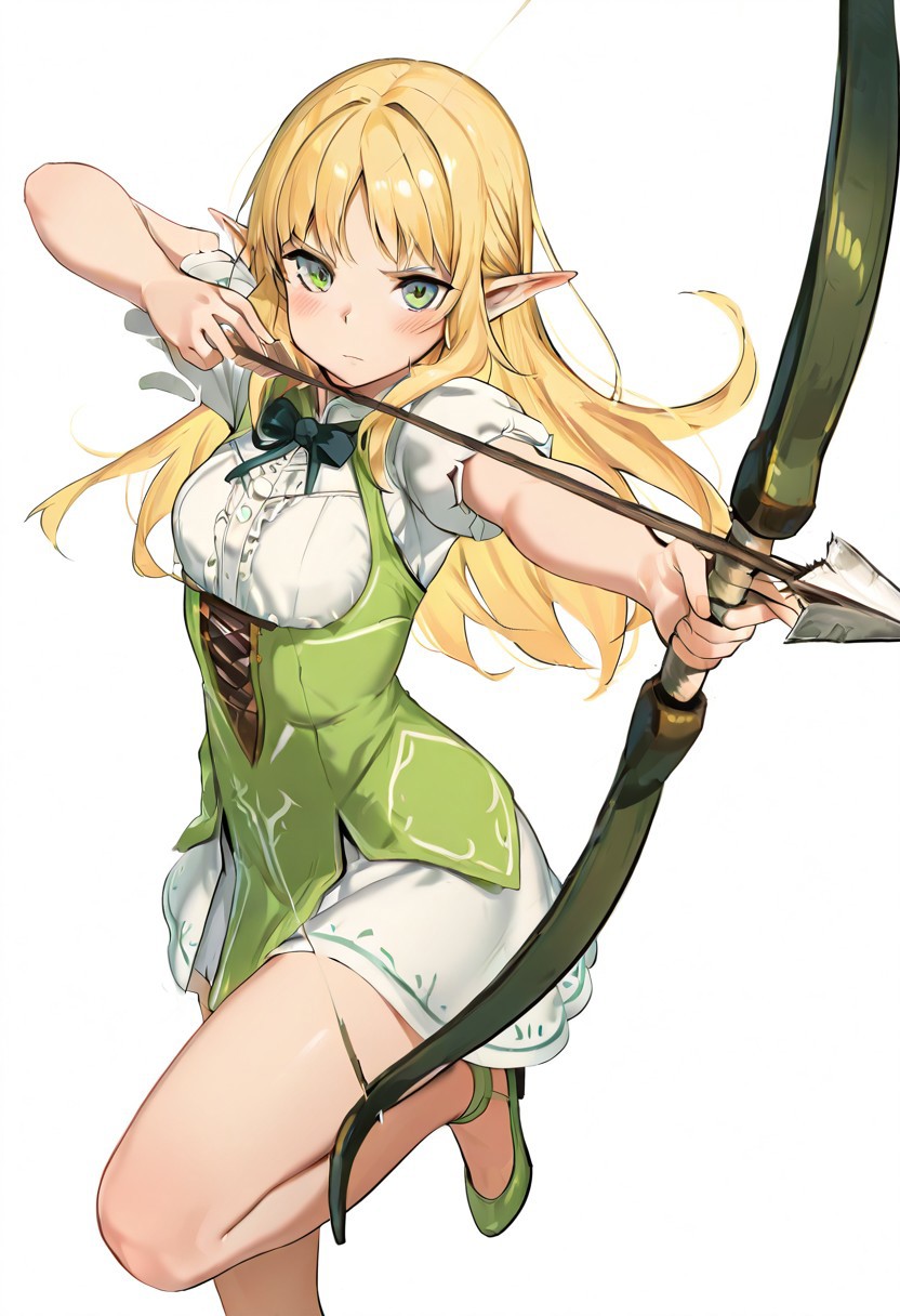 masterpiece, best quality,   zzArrow, zzAtU, 1girl, solo, long hair, looking at viewer, blush, bangs, simple background, shirt, white background, bow, closed mouth, green eyes, white dress, elf, pointy ears, standing on one leg, green footwear,   (dynamic pose, foreshortening),  ,