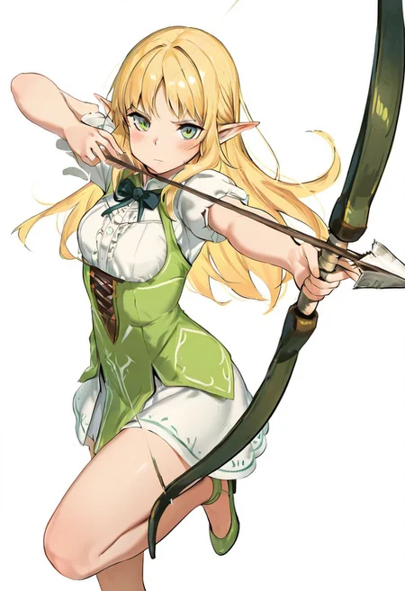 masterpiece, best quality, zzArrow, zzAtU, 1girl, solo, long hair, looking at viewer, blush, bangs, simple background, shirt, white background, bow, closed mouth, green eyes, white dress, elf, pointy ears, standing on one leg, green footwear, (dynamic pose, foreshortening), ,