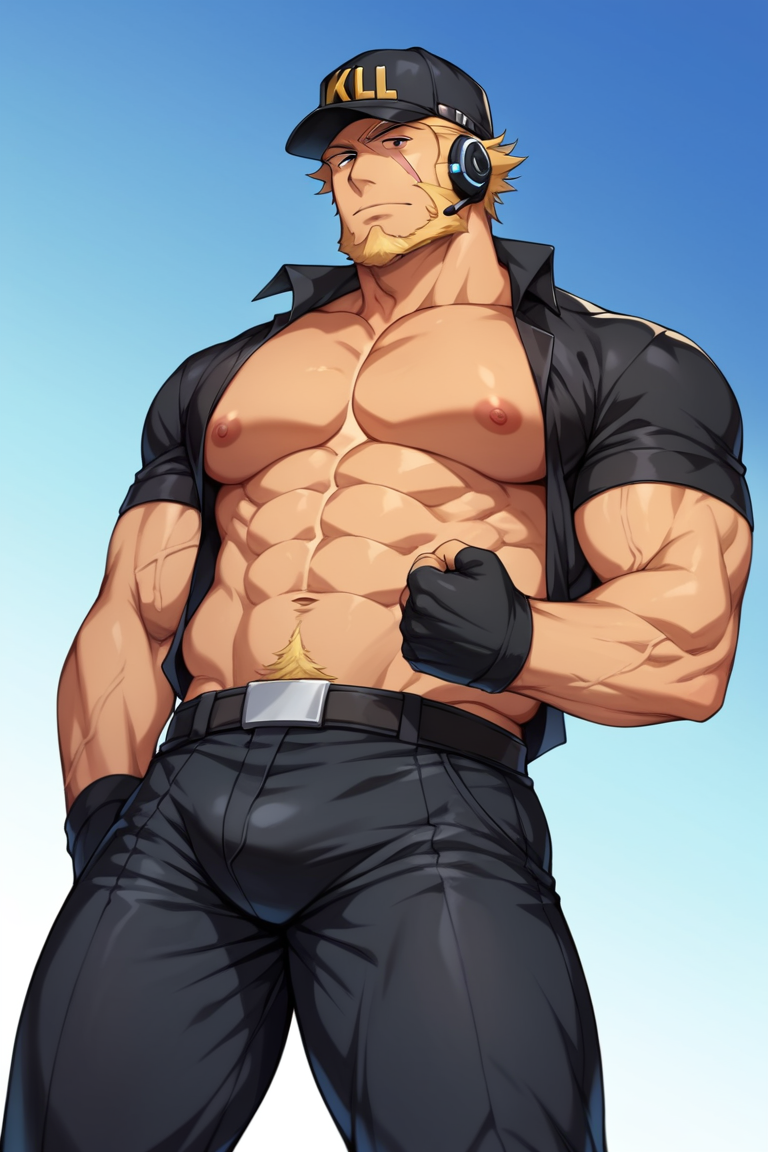 score_9, score_8_up, score_7_up, score_6_up, perfect anatomy, perfect proportions, best quality, masterpiece, high_resolution, high quality, solo male, Killer T Cell \(Cells at Work\), tan skin, blond hair, black eyes, facial hair, beard, scar on face, black  Killer T Cell uniform \(Cells at Work\), black collared shirt, pecs, partically open shirt, black pants, black cap, Killer T Cell cap \(Cells at Work\), earpiece, fingerless gloves, black boots, adult, mature, masculine, manly, handsome, charming, alluring, standing, upper body, dutch angle, cowboy shot, ((from below))<lora:EMS-413052-EMS:0.800000>