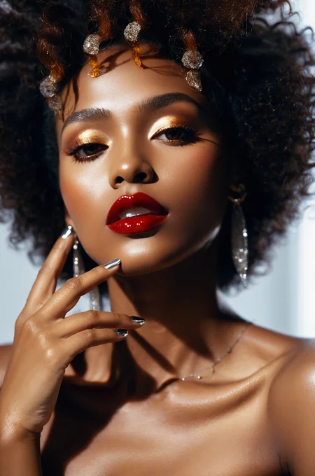film aesthetic,Striking portrait, high-key lighting, close-up of a young woman of African descent, vibrant makeup emphasizing deep red lips, glossy finish, caramel skin tone, dramatic contrast, frothy voluminous natural hair, dark background enhancing subject prominence, elegant hand placement on neck, metallic silver nail polish, minimal jewelry, capturing a sense of boldness and sophistication, slight catchlights in eyes suggesting photographic lighting setup, soft focus on hair edges contributing to a dreamy aura, confidence and poise in her expression, fashion or beauty editorial vibe.,Intimate boudoir photography,