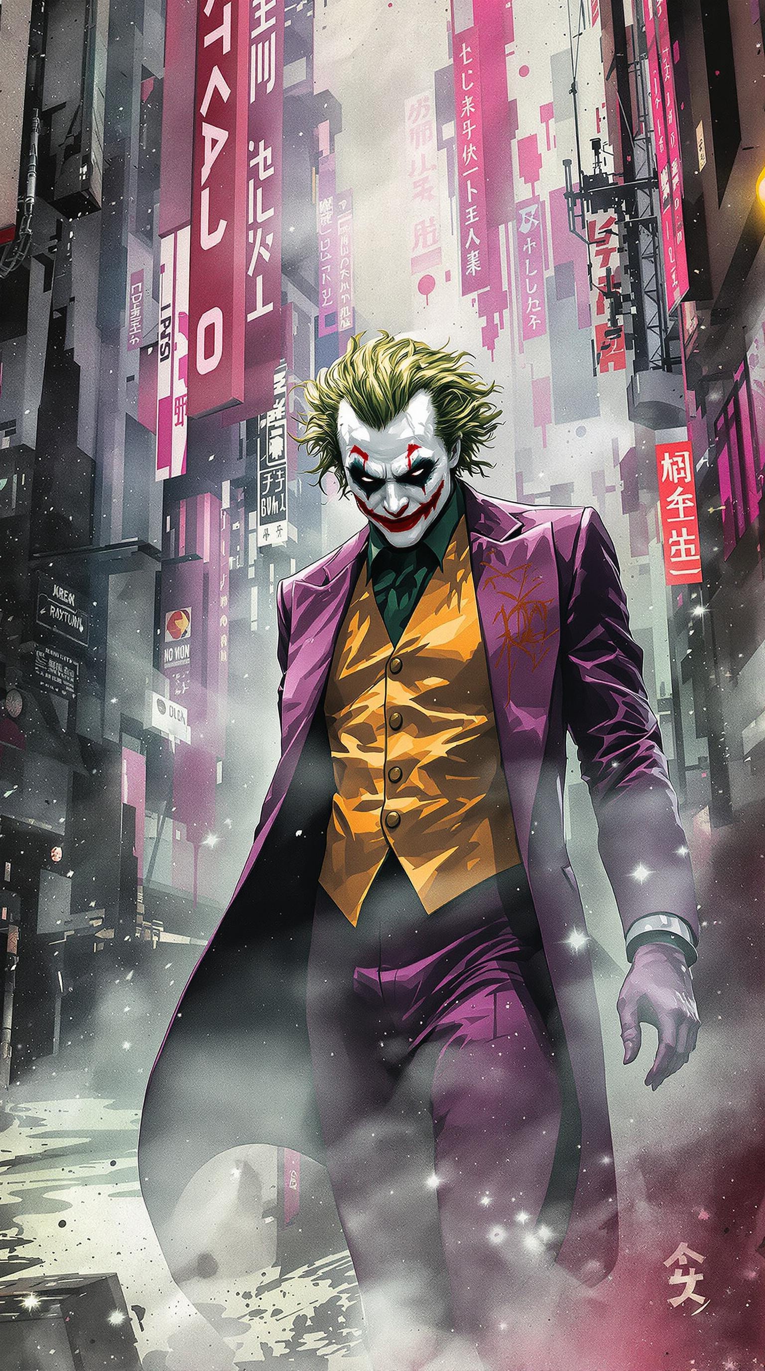 Joker, urban comics, DC, sci-fi, high tech, iconographic, glitchy backgrounds, watercolor, ink, fog, interactivity, high detail, art style by Clayton Crane + Ross Tran + Rachel Walpole + Jessica LeVay + Dan Walbert + Simon Stålenhag + Brian Stelfreeze