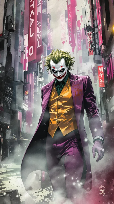 Joker, urban comics, DC, sci-fi, high tech, iconographic, glitchy backgrounds, watercolor, ink, fog, interactivity, high detail, art style by Clayton Crane + Ross Tran + Rachel Walpole + Jessica LeVay + Dan Walbert + Simon Stålenhag + Brian Stelfreeze