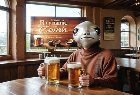 score_9, score_8_up, score_7_up, text title "Drink Barf" 1boy, sitting at a table, indoors, by the window, large head, afternoon, beer mug, looking at the window, brown turtleneck sweater, upper body, chill, calm, peaceful, albinauric_mask, <lora:ryth-albinauric-mask:1>, wide billboard, advertisement