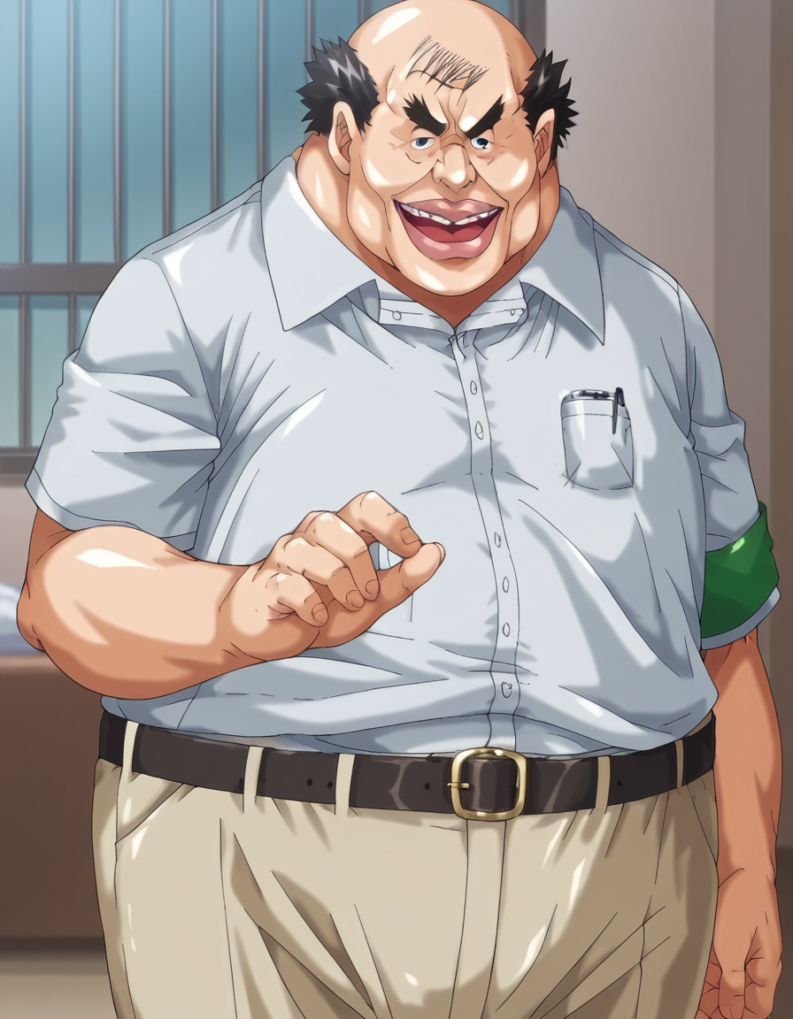 score_9, score_8_up, score_7_up, source_anime,
caretaker, <lora:caretaker-ponyxl-lora-nochekaiser:1>
caretaker, black hair, male focus, thick eyebrows, bald, fat, black eyes,
shirt, belt, pants, armband,
indoors, bed, bed room, on back, arm support, arms up, incoming hug, pov, reaching, reaching towards viewer,
looking at viewer, dutch angle, cowboy shot