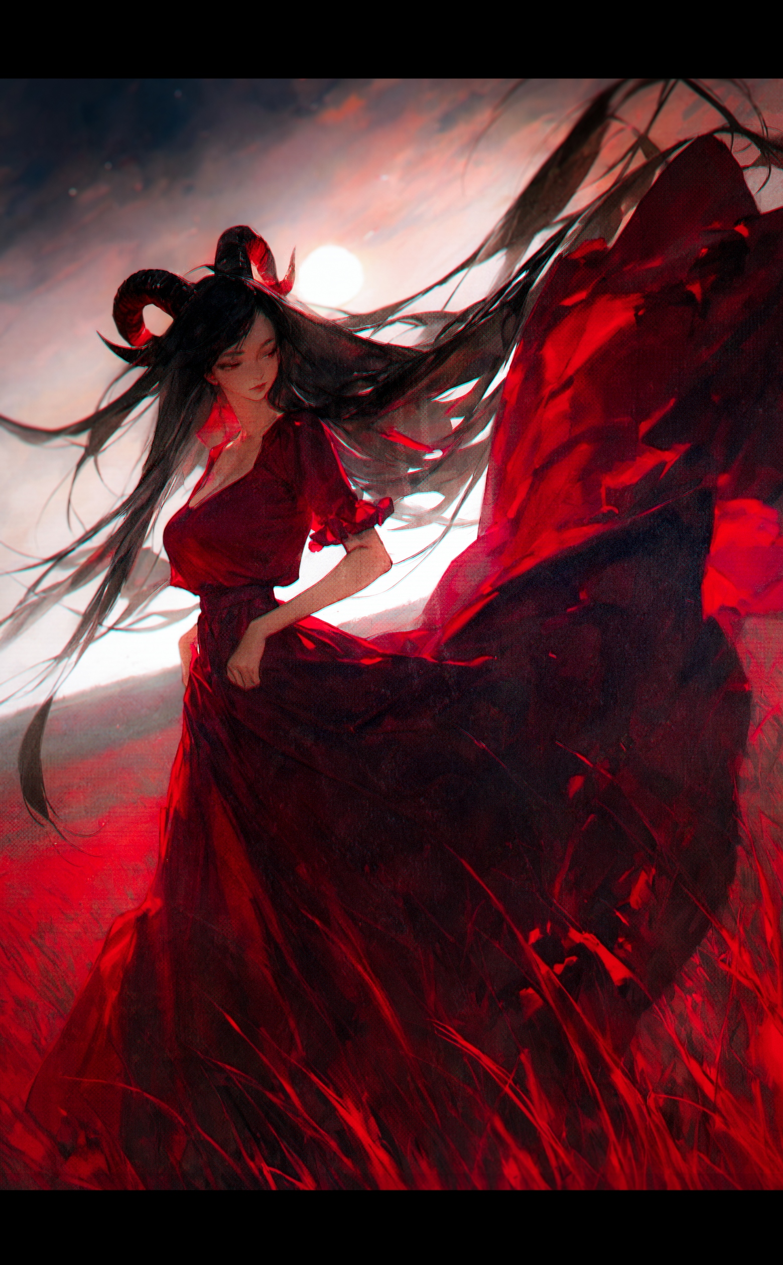 1girl,  (by 
noland, by narue
:1.2), (by aleriia v:0.9),  painting \(medium\),  cinematic shot, safe,
tall female, long legs, narrow waist, demon girl, (goat horns, black horns:1.2), solo, red sundress, (floating hair, wind, floating clothes:1.2), loose clothes, long clothes, very long dress,  red eyes, half-closed eyes, motion blur, looking to the side, averting eyes, 
outdoors, meadow, field, tall grass, sunlight, sun, horizon, dutch angle, dynamic angle, dynamic pose, (black theme, red theme, blood theme:1.2),
,masterpiece, highres, greatscore, absurdres,