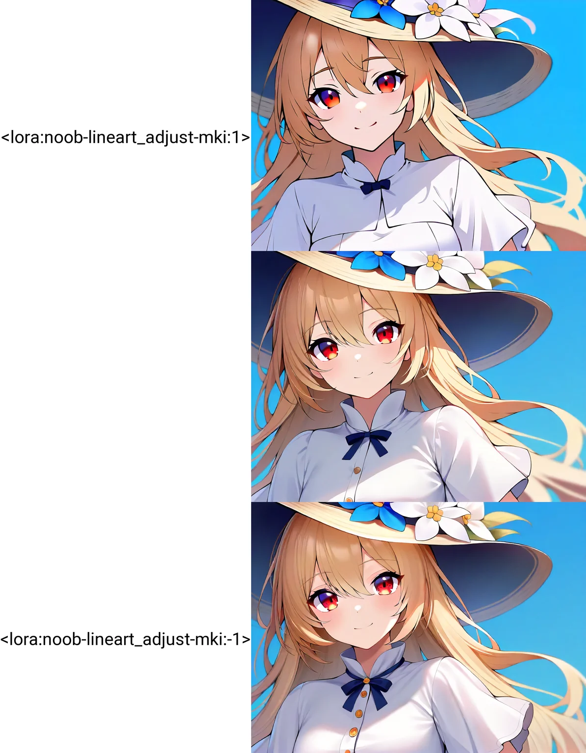 1girl,
solo,red eyes,hair between eyes,closed mouth,upper body,short sleeves,hat flower,long hair,smile,blue flower,blue background,white flower,looking at viewer,alternate costume,masterpiece,best quality,safe,<lora:noob-lineart_adjust-mki:1>
