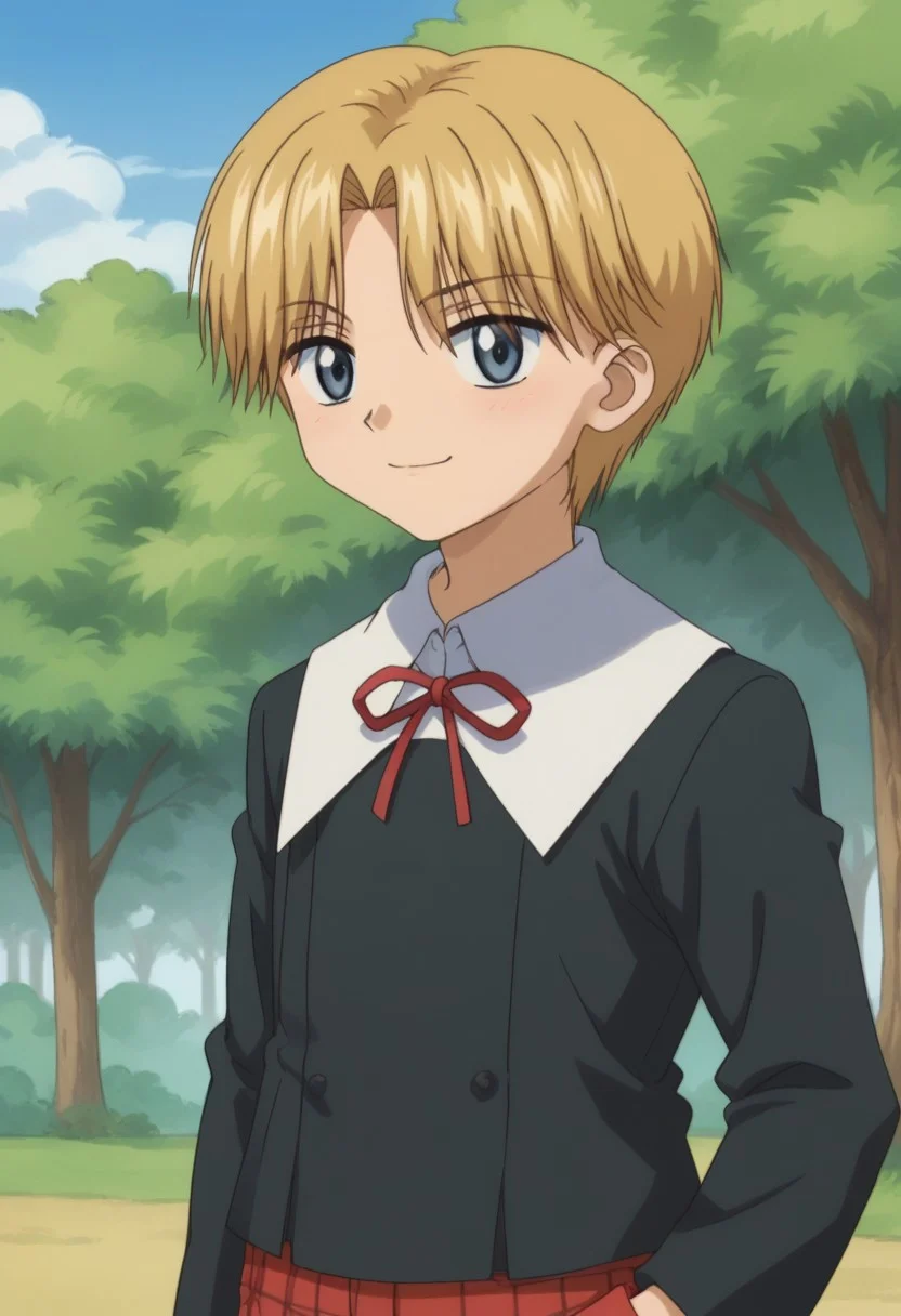 score_9, score_8_up, score_7_up, source_anime, highly detailed,
rukanogi, 1boy, male focus, blonde hair, short hair, shorts, red shorts, plaid shorts, school uniform, blue eyes, solo, ribbon, neck ribbon, upper body, sweater, black sweater, shirt, white shirt, collared shirt, long sleeves, smile, closed mouth,
outdoor, sky, tree