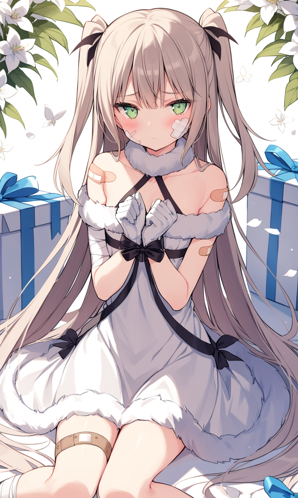 1girl, sensitive, solo, long hair, looking at viewer, blush, gloves, dress, ribbon, closed mouth, bare shoulders, very long hair, sitting, green eyes, flower, white gloves, white dress, two side up, fur trim, bandages, bound, white flower, bandaid, box, gift, bandaid on face, gift box, bound wrists