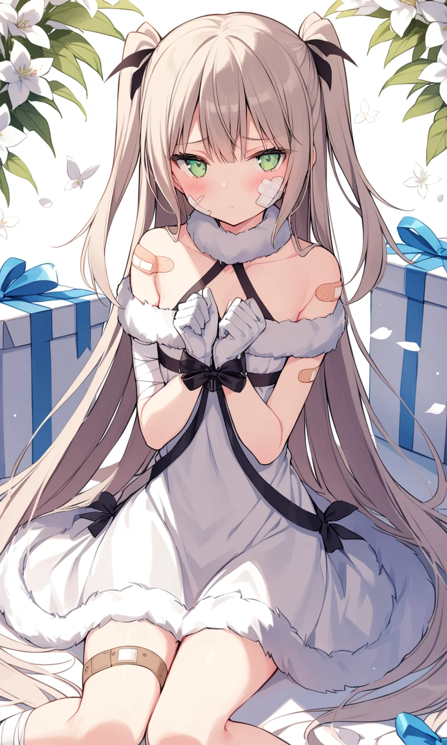 1girl, sensitive, solo, long hair, looking at viewer, blush, gloves, dress, ribbon, closed mouth, bare shoulders, very long hair, sitting, green eyes, flower, white gloves, white dress, two side up, fur trim, bandages, bound, white flower, bandaid, box, gift, bandaid on face, gift box, bound wrists