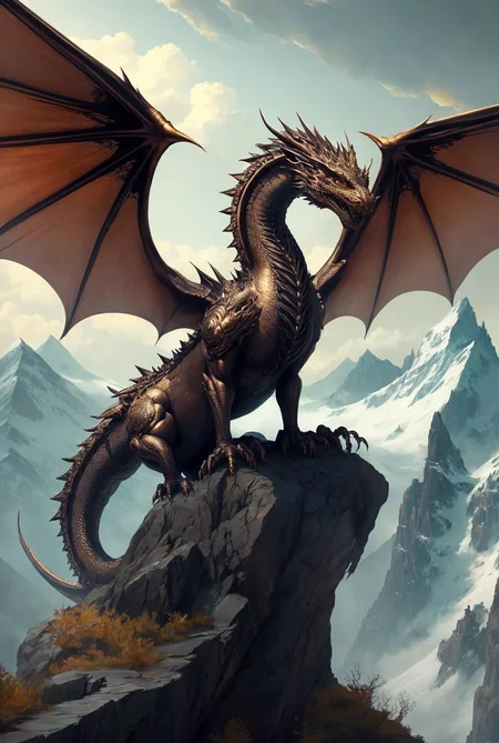 ancient clockwork mechanical bronze metallic dragon perched sitting on mountain peak spire large wingspan
(masterpiece:1.2) (illustration:1.1) (best quality:1.2) (detailed) (intricate) (8k) (HDR) (wallpaper) (cinematic lighting) (sharp focus)