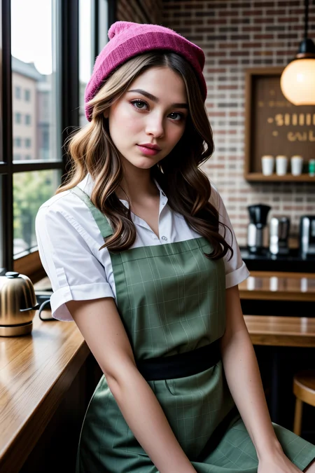 <lora:LCM_LoRA_Weights_SD15:1>,<lora:detail_slider_v4:1.1>,(stylish barista) 29yo old adult Woman, chubby build, extra long light green curly down hair, thai, light skin, light brown eyes, wearing a beanie, burgundy classic barista shirt, skirt, checked apron, clogs, minimal eyeliner, a name tag,a wristwatch, set in a trendy espresso bar, with sleek counters, stylish seating, modern lighting, and a hip vibe, at morning,fantasy portrait photography, beautiful eyes, ethereal beauty, magical atmosphere, whimsical element, enchanting composition, mystical storytelling, professional lighting, imaginative concept, creative styling, otherworldly aesthetic, fantasy romance, surreal visual, enchanting character, captivating narrative, intricate detail, vibrant color, fantastical landscape,