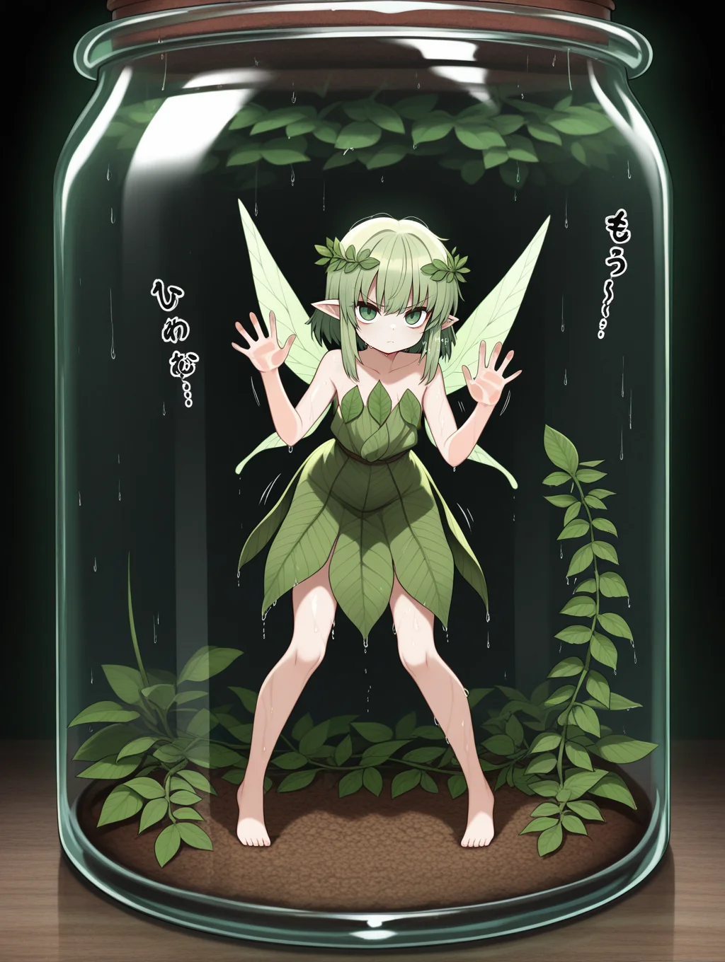 full body, solo,1girl, volumetric lighting,inside huge jar,in glass tank,inside giant glass container,on glass,in jar, green dress,leaf dress,plant clothing, ,miniature,tiny,mini person,green wings,green hair,fairy wings,fairy,green eyes,pointy ears,medium hair,bangs,pixie cut,hair accessory,sidelocks,bare shoulders,leaf \(black souls\), looking at viewer,cute,attractive, eye contact,wet skin,noises,sound effects,motion lines,angry,against glass,
,masterpiece,best quality,amazing quality,
