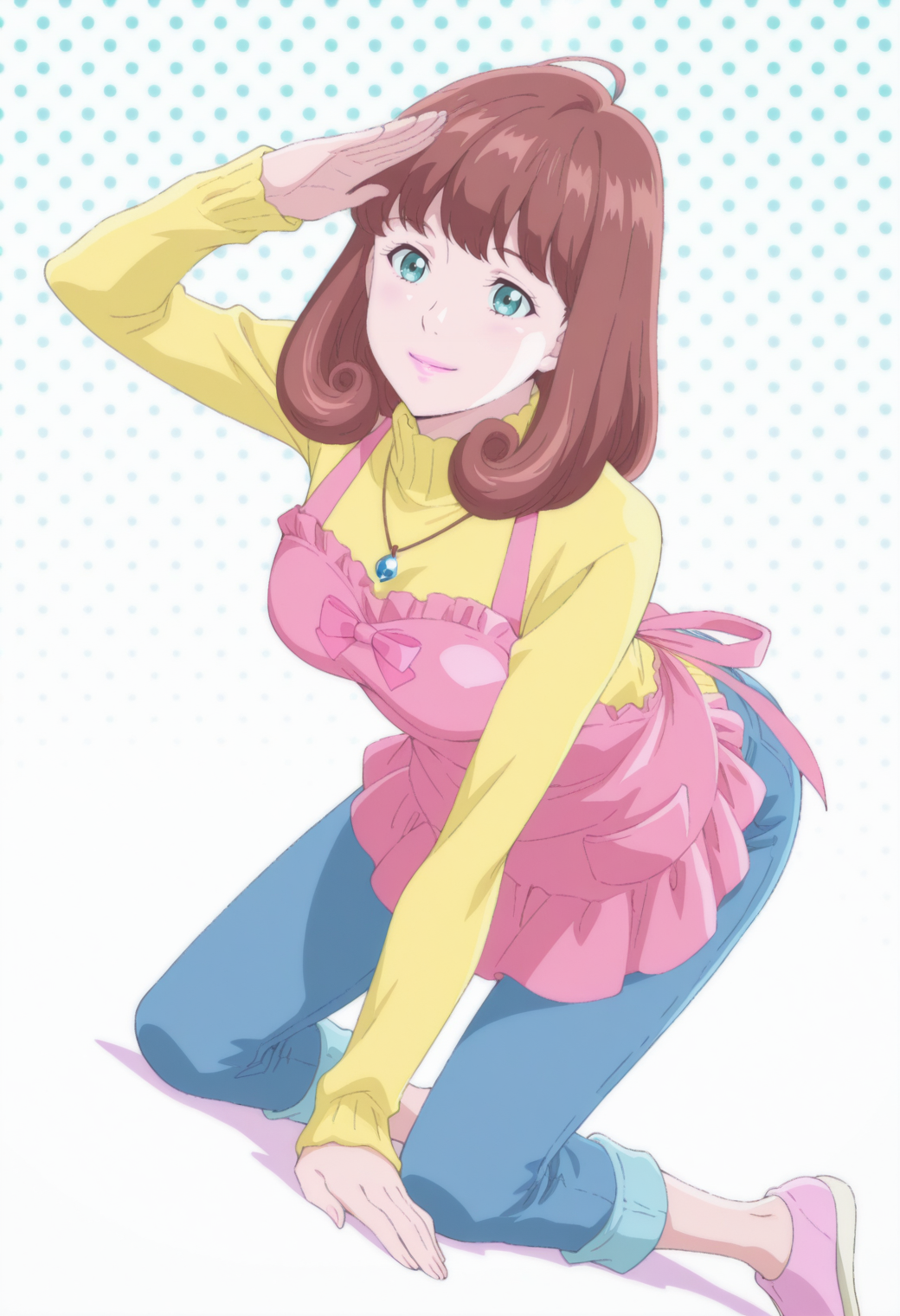anime screencap, anime coloring, 1girl,  solo,   <lora:DX888MiraIL:1>gotokuji mira, aqua eyes, brown hair, medium hair, pink lips,necklace, yellow sweater, turtleneck sweater, pink apron, capri pants, jeans BREAK white background, polka dot background, BREAK dutch angle,  from side, dynamic pose, posing, smile,       salute, all fours,