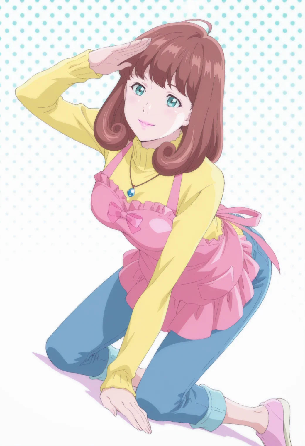 anime screencap, anime coloring, 1girl,  solo,   <lora:DX888MiraIL:1>gotokuji mira, aqua eyes, brown hair, medium hair, pink lips,necklace, yellow sweater, turtleneck sweater, pink apron, capri pants, jeans BREAK white background, polka dot background, BREAK dutch angle,  from side, dynamic pose, posing, smile,       salute, all fours,
