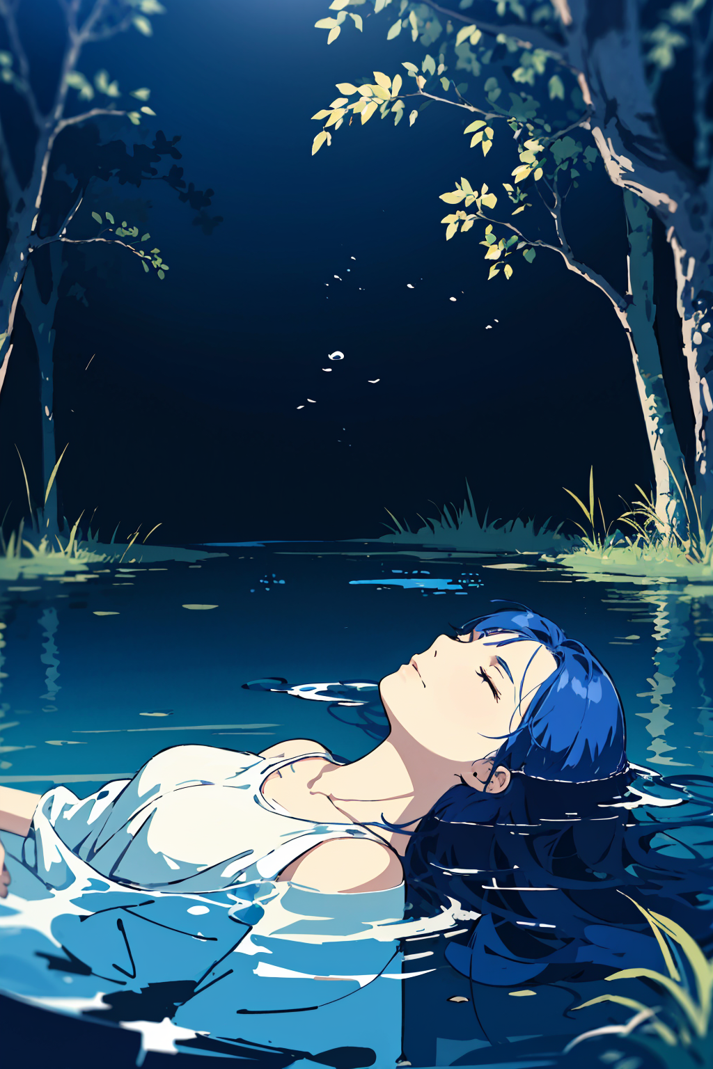 masterpiece,high quality,highres,1girl,solo,<lora:ophelia-parody-v1-wasabiya:1>,ophesyle,water,partially submerged,closed eyes,emotionless,branches,swamp,,(blue hair ),long hair,night ,from side ,