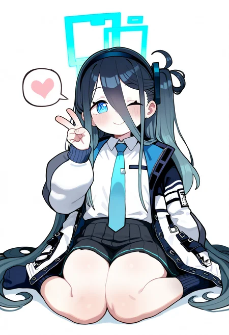 brittle,
aris \(blue archive\), 1girl, solo, long hair, looking at viewer, blush, smile, blue eyes, simple background, shirt, skirt, black hair, long sleeves, white background, hair between eyes, closed mouth, very long hair, sitting, jacket, white shirt, heart, pleated skirt, hairband, open clothes, necktie, one eye closed, collared shirt, socks, black skirt, open jacket, halo, v, one side up, white jacket, wariza, black socks, black hairband, spoken heart, blue necktie, absurdly long hair
, masterpiece, best quality, good quality,
<lora:ai_styles_collection_noob_v29_v5:1>