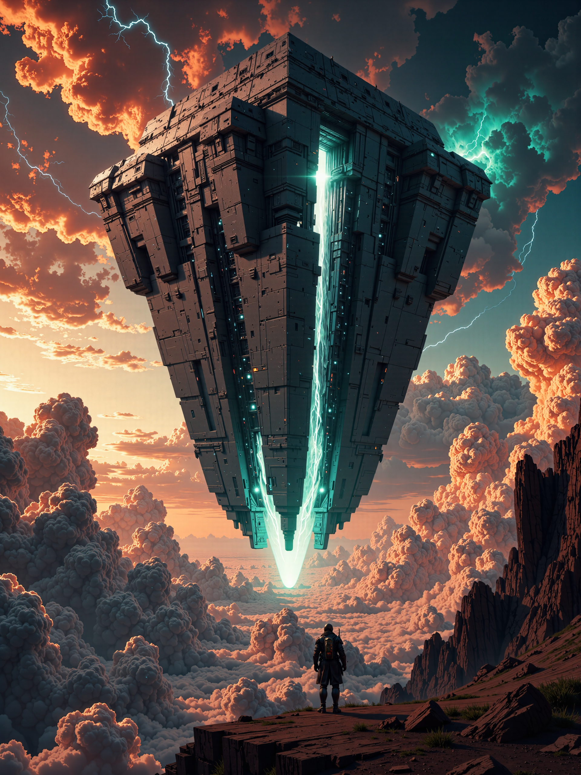 famous artwork, dramatic and epic landscape at night, hyper-realistic, highly aesthetic, ultra-high-resolution, 8k, 4k, dim lighting, perfect symmetrical architecture, dark science fantasy with cosmic horror elements, high above the churning, storm-wracked clouds of a vast gas giant, a colossal inverted pyramid hovers in defiance of gravity, its sheer, monolithic surfaces forged from an unknown, impossibly smooth material, darker than obsidian yet faintly reflective, catching flashes of distant lightning from the raging tempests below, its form is precise, geometric, and utterly alien, its sheer presence an unshakable anomaly in the violent sky. the zigguratâs immense doors remain sealed, towering slabs of an unidentifiable alloy, untouched by erosion or time, intricate markings and unreadable inscriptions subtly carved into their surface, glowing faintly with a deep, inner light, as if awaiting activation, beneath the structure, the storm's violent winds and coiling vortexes rage, but the megastructure is motionless, unmoving, as if held in place by some forgotten force. the background is dominated by the turbulent atmosphere of the gas giant, layers of dense, rolling clouds in shades of ochre, deep crimson, and cyan, pierced by jagged arcs of lightning that flicker across the sky, the storm below twists like a living entity, cyclonic patterns spiraling into oblivion, the vastness of the planet's horizon stretching endlessly into the void, tiny specks of orbital debris or distant satellites barely visible in the upper stratosphere. the lighting is dramatic and high-contrast, the scene illuminated by the chaotic interplay of storm light and the eerie, pulsing glow of the pyramidâs engravings, distant lightning casting brief, flickering highlights across the impossibly smooth surfaces, deep shadows consuming the structureâs recesses, adding to its enigmatic and foreboding presence. photographed with a large-format cinematic camera, capturing the full, awe-inspiring scale of the scene, the perspective is slightly low-angle, emphasizing the overwhelming size of the ziggurat as it looms over the planetary storm, razor-sharp details in the structureâs surface contrast with the soft, swirling depths of the clouds below, atmospheric haze subtly blurs the distant horizon, enhancing the sense of scale and distance, the color palette is rich with deep storm-born hues-fiery oranges, abyssal blues, and electric purples-contrasting with the cold, unyielding darkness of the floating monolith, ovg, artilands02, <lora:style-fantastic_landscapes-v2-flux-by_artifyai:0.48>