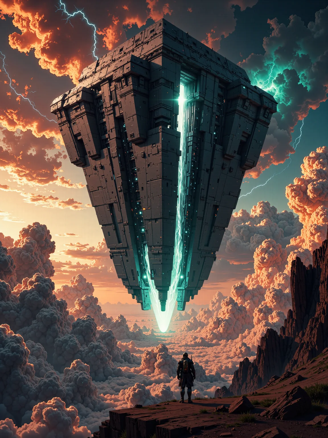 famous artwork, dramatic and epic landscape at night, hyper-realistic, highly aesthetic, ultra-high-resolution, 8k, 4k, dim lighting, perfect symmetrical architecture, dark science fantasy with cosmic horror elements, high above the churning, storm-wracked clouds of a vast gas giant, a colossal inverted pyramid hovers in defiance of gravity, its sheer, monolithic surfaces forged from an unknown, impossibly smooth material, darker than obsidian yet faintly reflective, catching flashes of distant lightning from the raging tempests below, its form is precise, geometric, and utterly alien, its sheer presence an unshakable anomaly in the violent sky. the zigguratâs immense doors remain sealed, towering slabs of an unidentifiable alloy, untouched by erosion or time, intricate markings and unreadable inscriptions subtly carved into their surface, glowing faintly with a deep, inner light, as if awaiting activation, beneath the structure, the storm's violent winds and coiling vortexes rage, but the megastructure is motionless, unmoving, as if held in place by some forgotten force. the background is dominated by the turbulent atmosphere of the gas giant, layers of dense, rolling clouds in shades of ochre, deep crimson, and cyan, pierced by jagged arcs of lightning that flicker across the sky, the storm below twists like a living entity, cyclonic patterns spiraling into oblivion, the vastness of the planet's horizon stretching endlessly into the void, tiny specks of orbital debris or distant satellites barely visible in the upper stratosphere. the lighting is dramatic and high-contrast, the scene illuminated by the chaotic interplay of storm light and the eerie, pulsing glow of the pyramidâs engravings, distant lightning casting brief, flickering highlights across the impossibly smooth surfaces, deep shadows consuming the structureâs recesses, adding to its enigmatic and foreboding presence. photographed with a large-format cinematic camera, capturing the full, awe-inspiring scale of the scene, the perspective is slightly low-angle, emphasizing the overwhelming size of the ziggurat as it looms over the planetary storm, razor-sharp details in the structureâs surface contrast with the soft, swirling depths of the clouds below, atmospheric haze subtly blurs the distant horizon, enhancing the sense of scale and distance, the color palette is rich with deep storm-born hues-fiery oranges, abyssal blues, and electric purples-contrasting with the cold, unyielding darkness of the floating monolith, ovg, artilands02, <lora:style-fantastic_landscapes-v2-flux-by_artifyai:0.48>