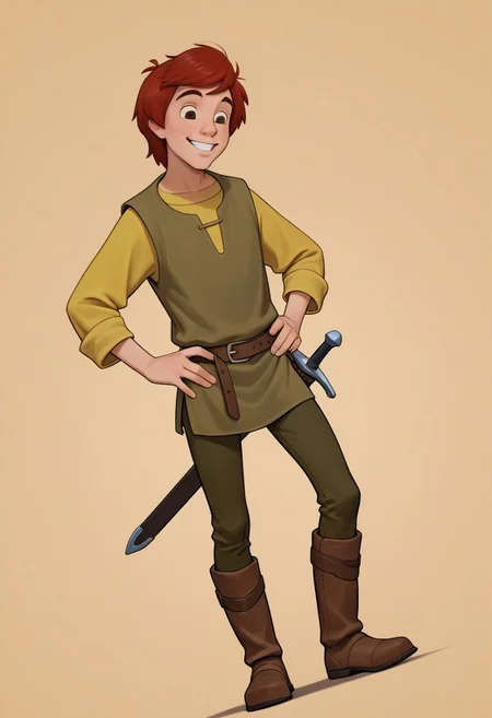 masterpiece, absurdres, high quality, perfect anatomy, 1boy, solo, cute boy, male focus, Taran, Red Hair, Brown Eyes, Green Vest, Long Sleeve Yellow Shirt, Green Pants, Brown Boots, sword in sheath, sheath, hands on hips, smiling, portrait, cinematic, intricately detailed illustration, depth of field, masterpiece, best quality, amazing quality, very aesthetic, absurdres, newest, very awa,  shadow, dynamic angle, casual cosplay, dynamic pose, simple background,