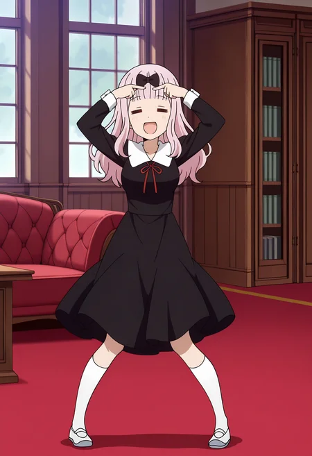anime screencap, masterpiece, best quality,
<lora:Kaguya-samaWaKokurasetai_FujiwaraChika_IlluXL:0.9>,
1girl, solo, open mouth, :d,
blunt bangs, long hair, pink hair, = =, hair bow, black bow,
white collar, neck ribbon, red ribbon, medium dress, black dress, long sleeves,
kneehighs, white socks, uwabaki,
arms up, pointing, finger on forehead, floating clothes, knee together legs apart, legs apart, full body, looking at viewer,
indoors, desk, bookshelf, window, red carpet, couch, photo background, blurry background