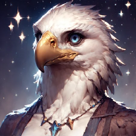 score_9, score_8_up, score_7_up, score_6_up, score_5_up, score_4_up,anthro,eagle, portrait, necklace, star-themed, blue eyes, glowing,<lora:Anthro_birds-000018:0.8>