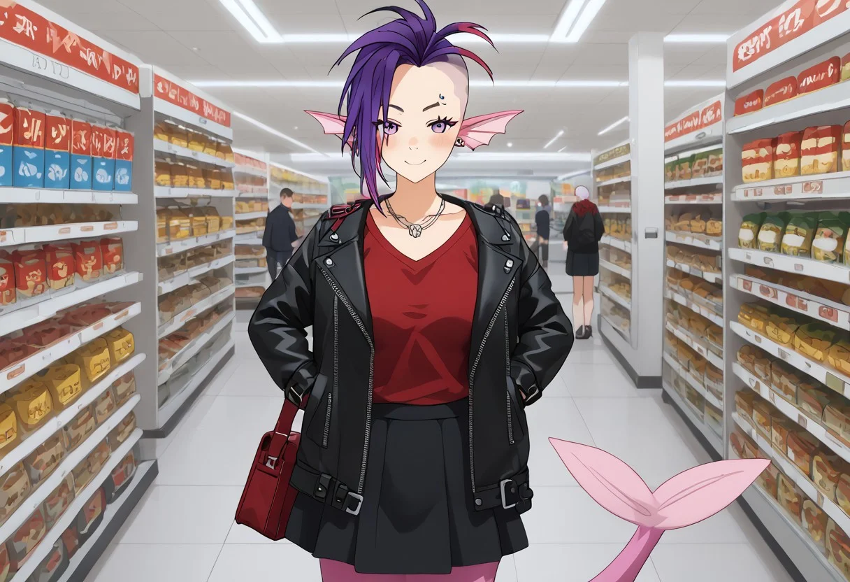score_9, score_8_up, score_7_up, score_6_up, high resolution, gorgeous, absurdres, best quality, anime screencap, source_anime, 1girl, Dana Herrington, mermaid, mermaid tail, head fins, shaved head, purple hair, multicolored hair, facial piercings, face tattoo, pink tail, large breasts, black skirt, leather jacket, black jacket, red t-shirt, smile, blush, convenience store, holding, wallet, Expressiveh
