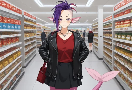 score_9, score_8_up, score_7_up, score_6_up, high resolution, gorgeous, absurdres, best quality, anime screencap, source_anime, 1girl, Dana Herrington, mermaid, mermaid tail, head fins, shaved head, purple hair, multicolored hair, facial piercings, face tattoo, pink tail, large breasts, black skirt, leather jacket, black jacket, red t-shirt, smile, blush, convenience store, holding, wallet, Expressiveh