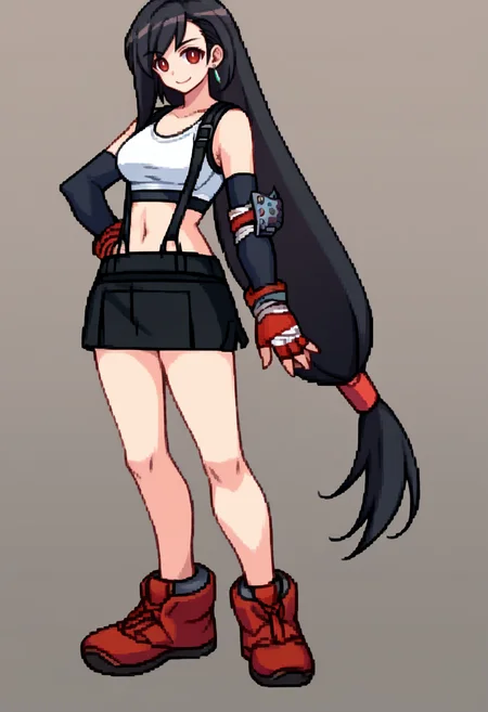 score_9, score_8_up, score_7_up, source_anime, BREAK, solo, 1girl, smile, looking at viewer, <lora:Arcana-Heart-Sprites-pdxl_Fp:1>, simple background, full body, standing, <lora:tifa-pdxl-nvwls-v1:1>, defTif, red eyes, black hair, low-tied long hair, earrings, white sports bra, black suspenders, black miniskirt, arm warmers, black elbow gloves, elbow pads, red gloves, red footwear, smile, hand on own hip,